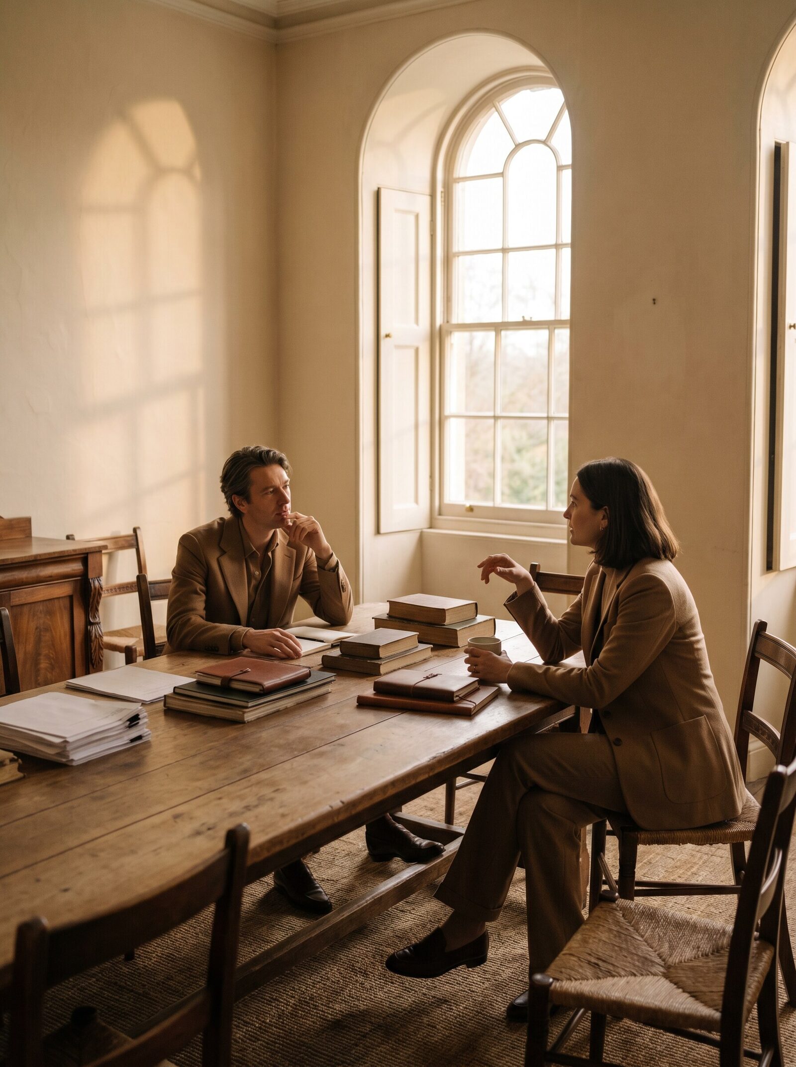 Two leaders in conversation across a long wooden table by an arched window.