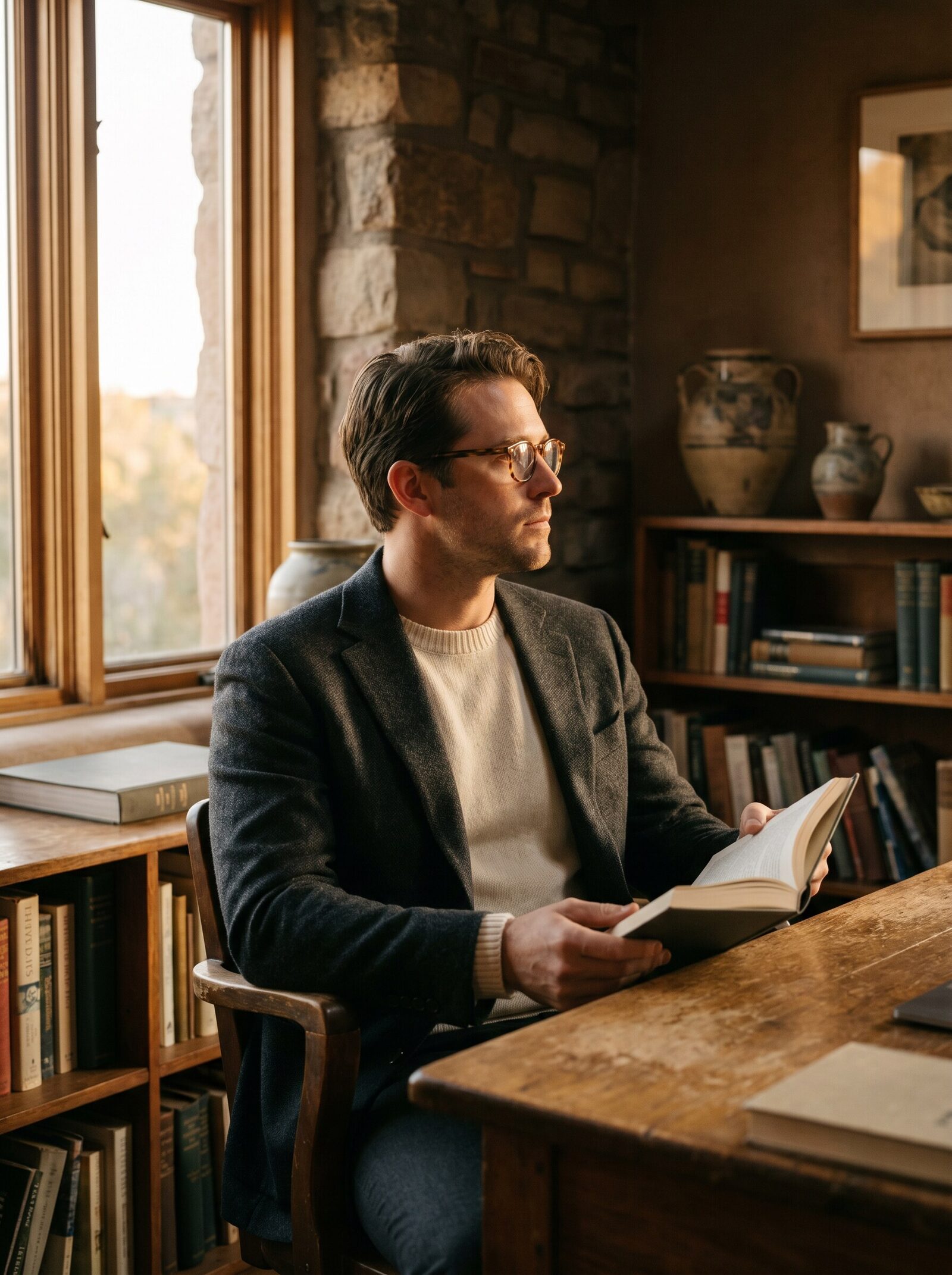 A composed operator at a wooden desk in a stone-walled study, reading by warm window light.